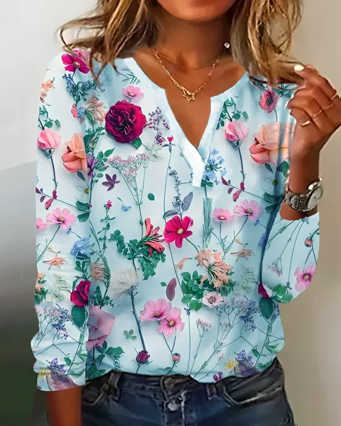 Women's Elena floral print V-neckline blouse, breathable everyday elegant top