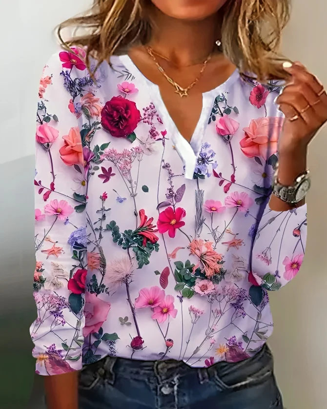 Women's Elena floral print V-neckline blouse, breathable soft fabric for elegant everyday wear