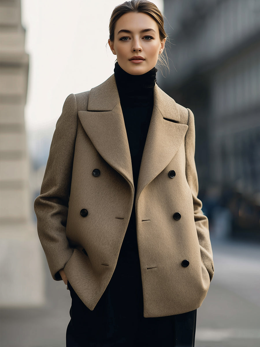Camel short double-breasted coat cropped silhouette structured wool blend modern women streetwear