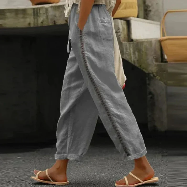 Elena Linen Pants With Subtle Embroidery And Elastic Waistband For Women Breathable Drawstring Comfort