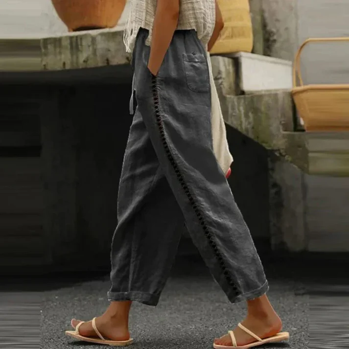 Elena Linen Pants With Subtle Embroidery And Elastic Waistband For Women Breathable Drawstring Comfort