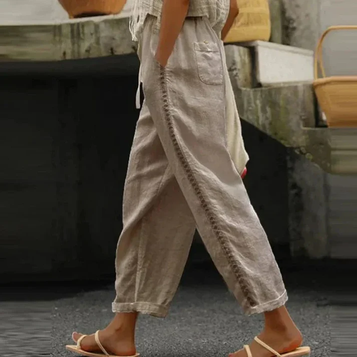Elena Linen Pants With Subtle Embroidery And Elastic Waistband For Women Breathable Drawstring Comfort