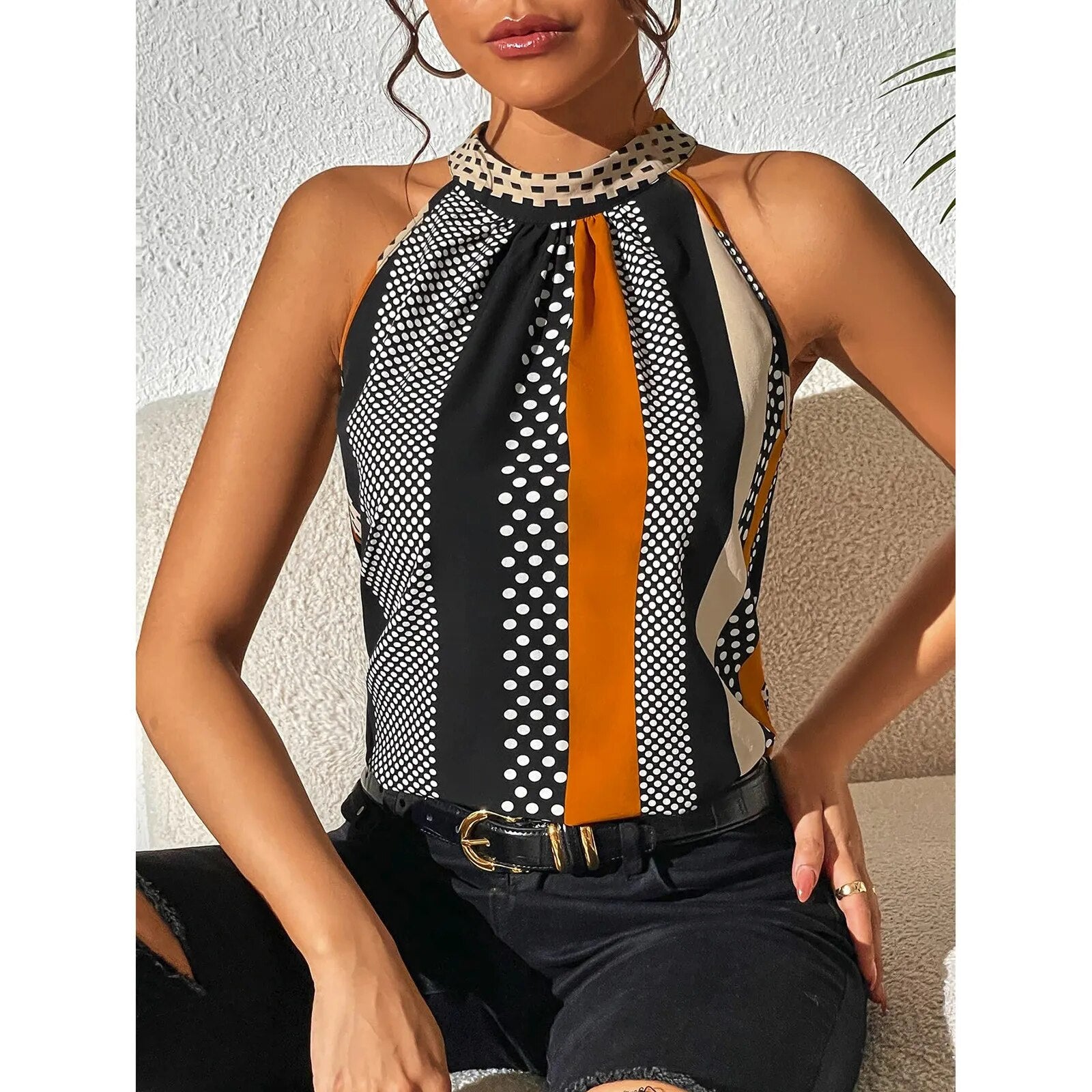 Black sleeveless women's tank top slim fit with striking all-over print for effortless elegance