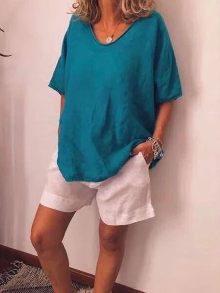 Women's loose fit white cotton linen tee short sleeve lightweight breathable casual active top
