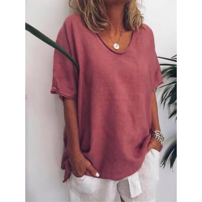Women's loose fit white cotton linen blend short sleeve tee lightweight breathable Nordic Flair