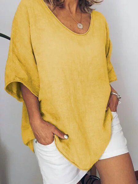 Women's loose fit white cotton linen tee short sleeves lightweight breathable active casual top