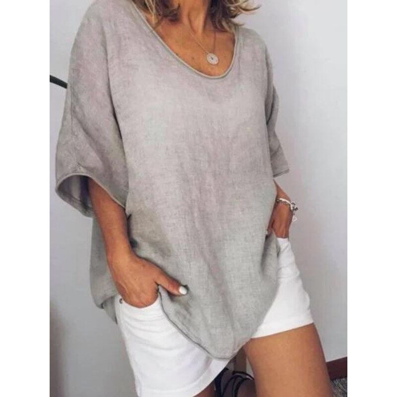 Women's loose fit white cotton linen blend tee short sleeve lightweight breathable casual active top