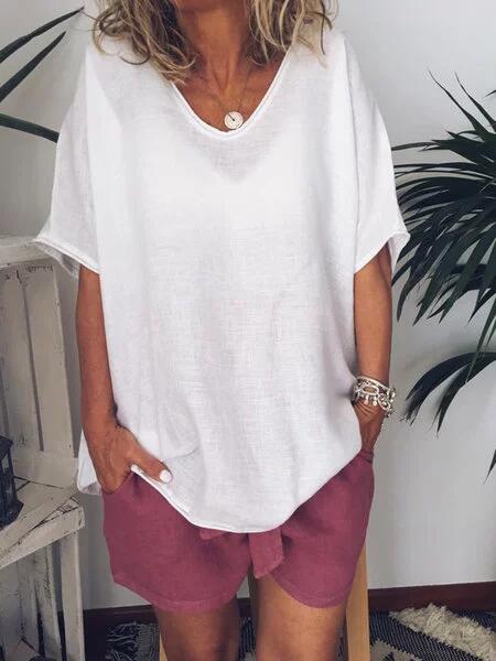 Women's loose fit white cotton linen blend tee short sleeve lightweight breathable casual top