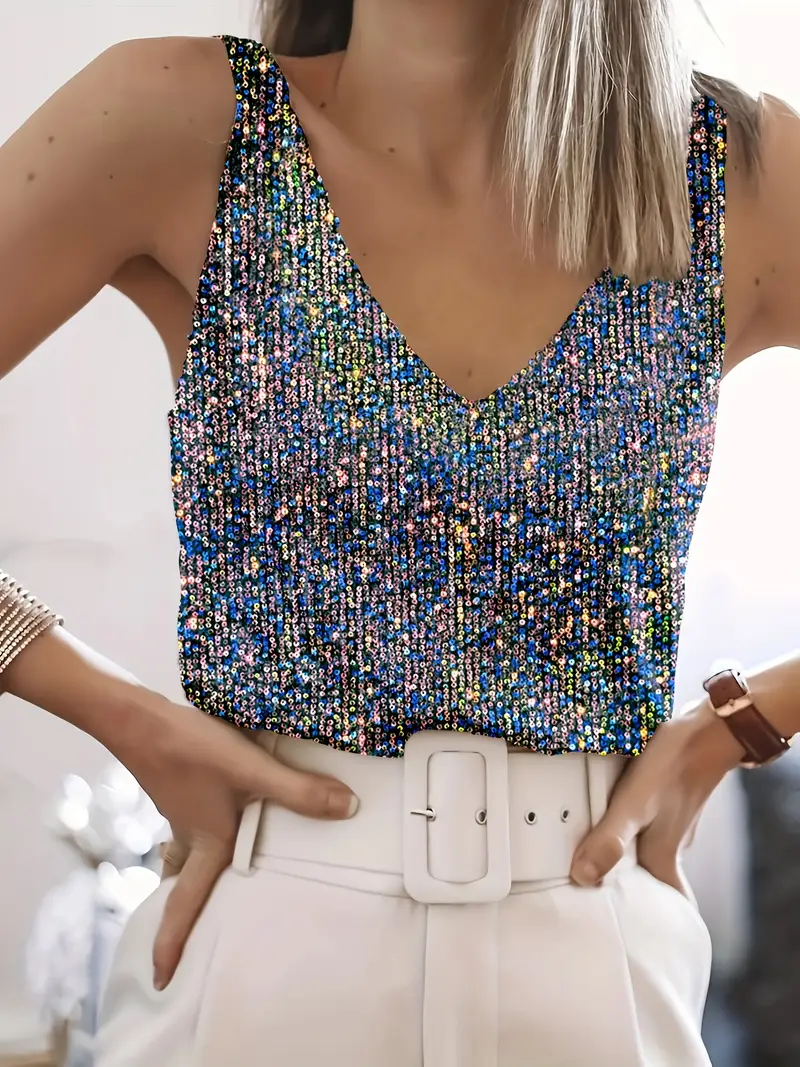 Women's silver sequin sleeveless top with V-neckline, full sequin coverage for festive shine