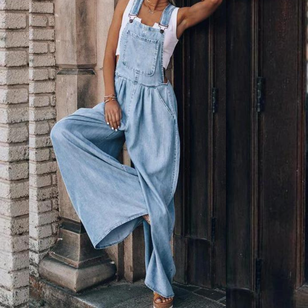 Women's relaxed wide-leg denim jumpsuit high waist adjustable straps versatile one-piece blue