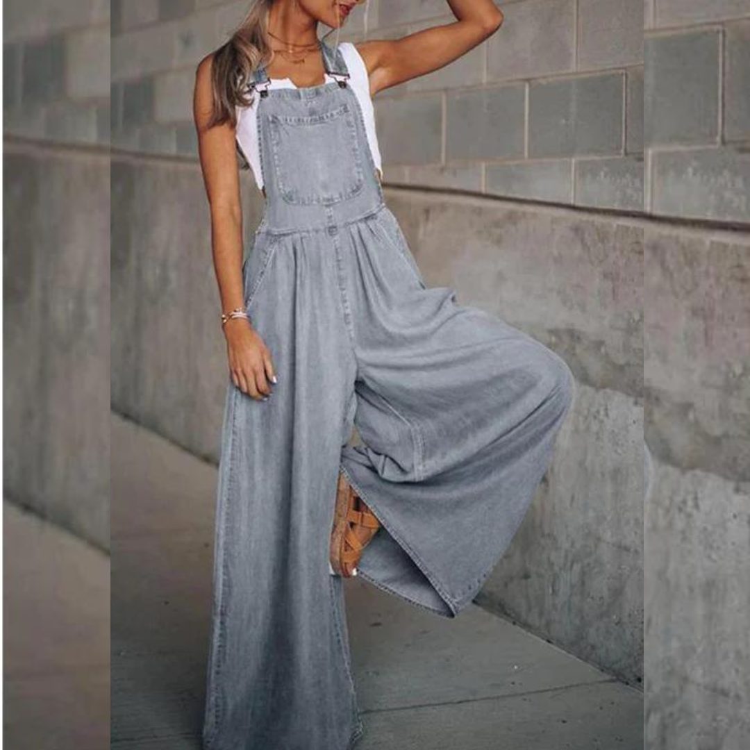 Women's relaxed wide-leg denim jumpsuit high waist adjustable straps versatile one-piece