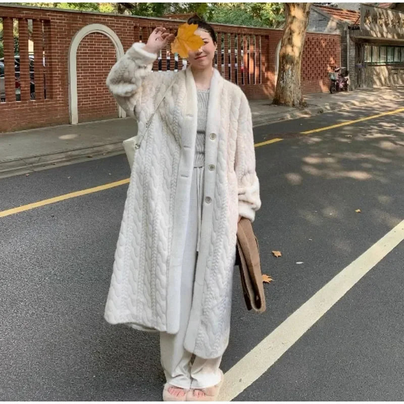 Women's loose fit long knit cardigan in winter tones, single-breasted cozy layering essential