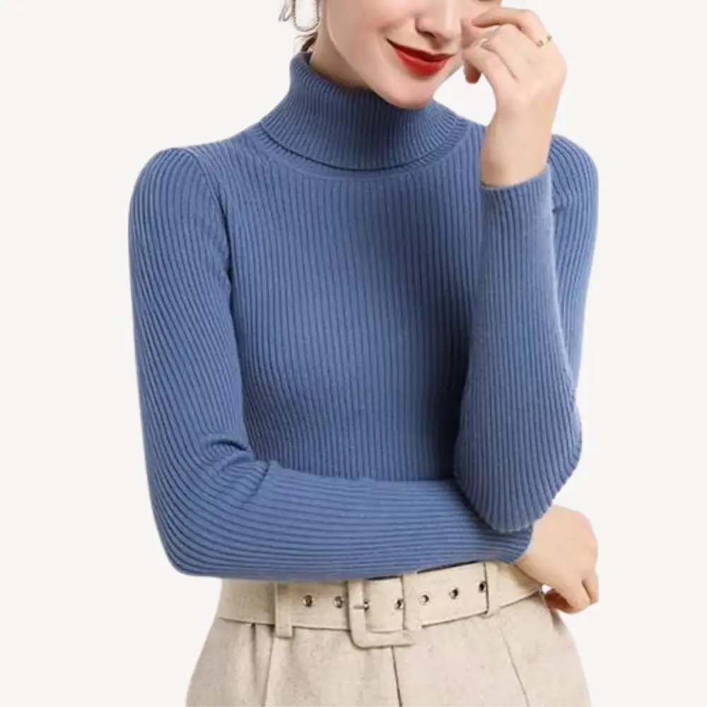 Women's cream slim-fit turtleneck sweater, soft cozy knit with flattering silhouette for layering