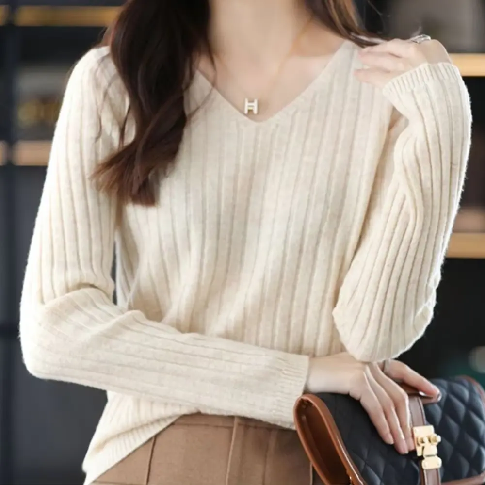 Women's beige V-neck knitted sweater soft cozy long sleeve slim fit office casual winter style