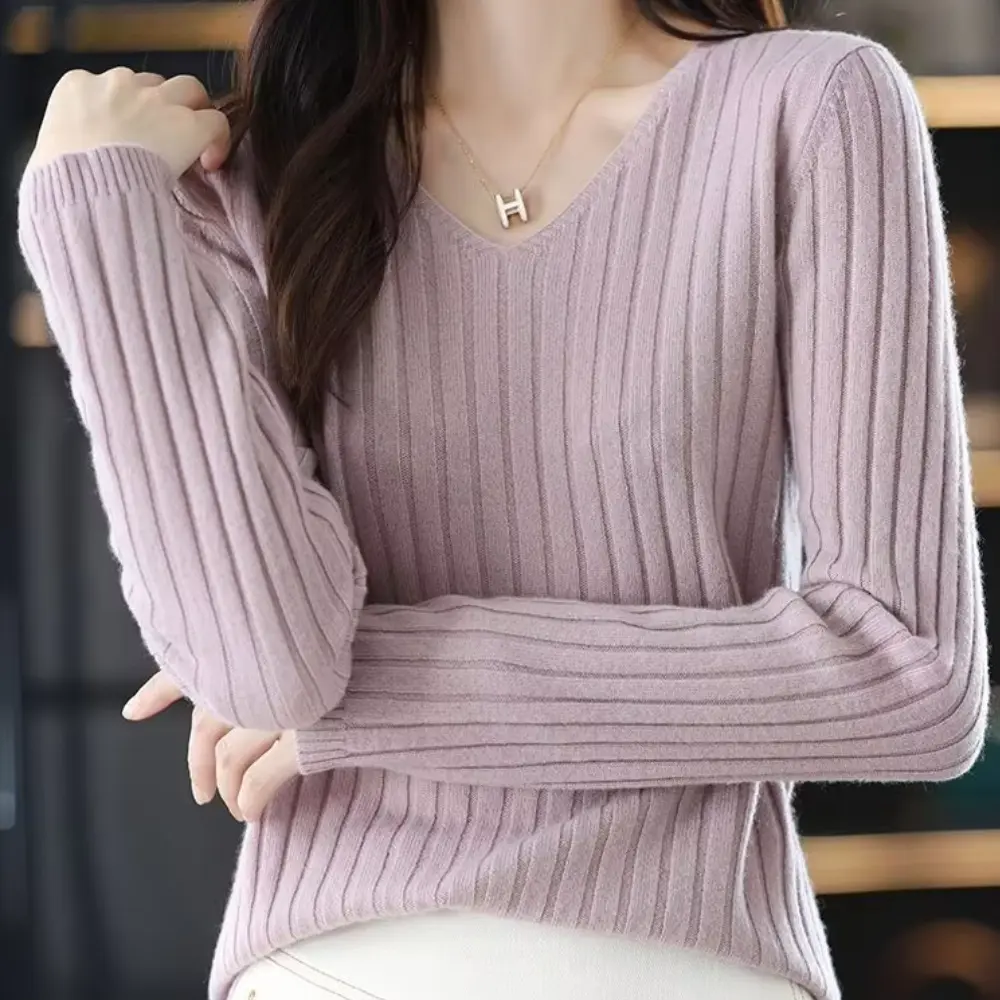 Women's cozy V-neck knitted sweater, soft warm long sleeves, versatile office-to-casual winter style