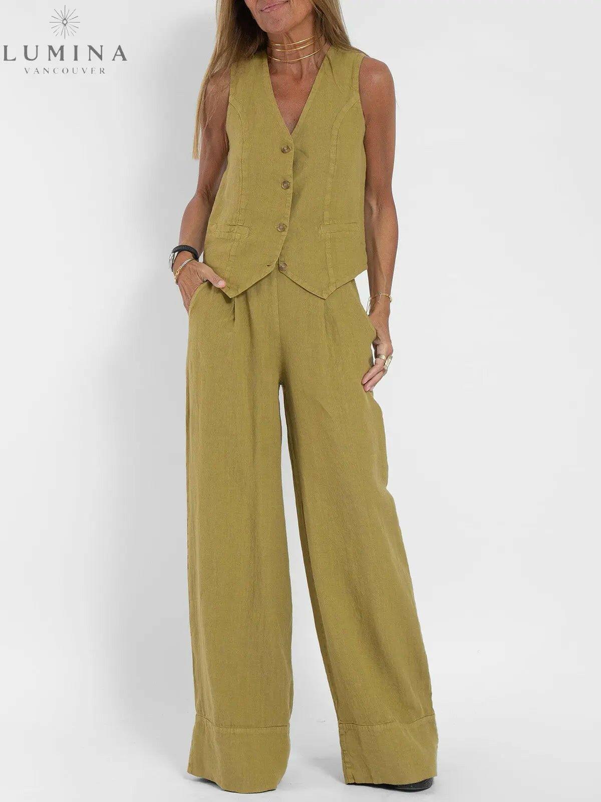 Red wide-leg pants and vest two-piece set tailored silhouette for modern elegant everyday wear