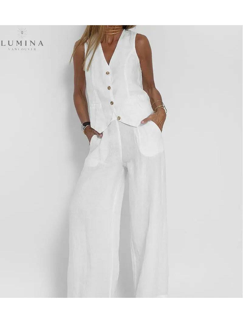 Red wide-leg pants and vest two-piece set tailored silhouette elegant everyday women's fashion