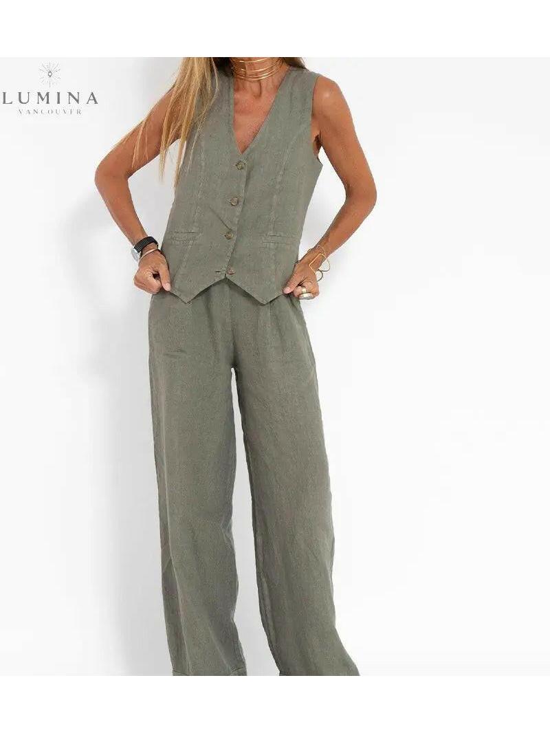 Red wide-leg pants and vest two-piece set tailored elegant silhouette for modern women