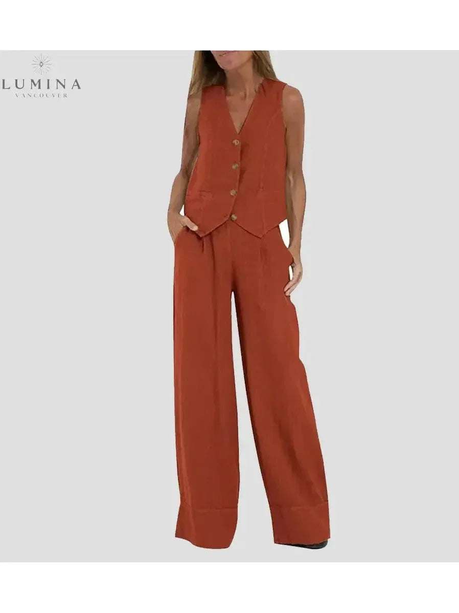 Red wide-leg pants and vest two-piece set tailored silhouette elegant everyday women's fashion