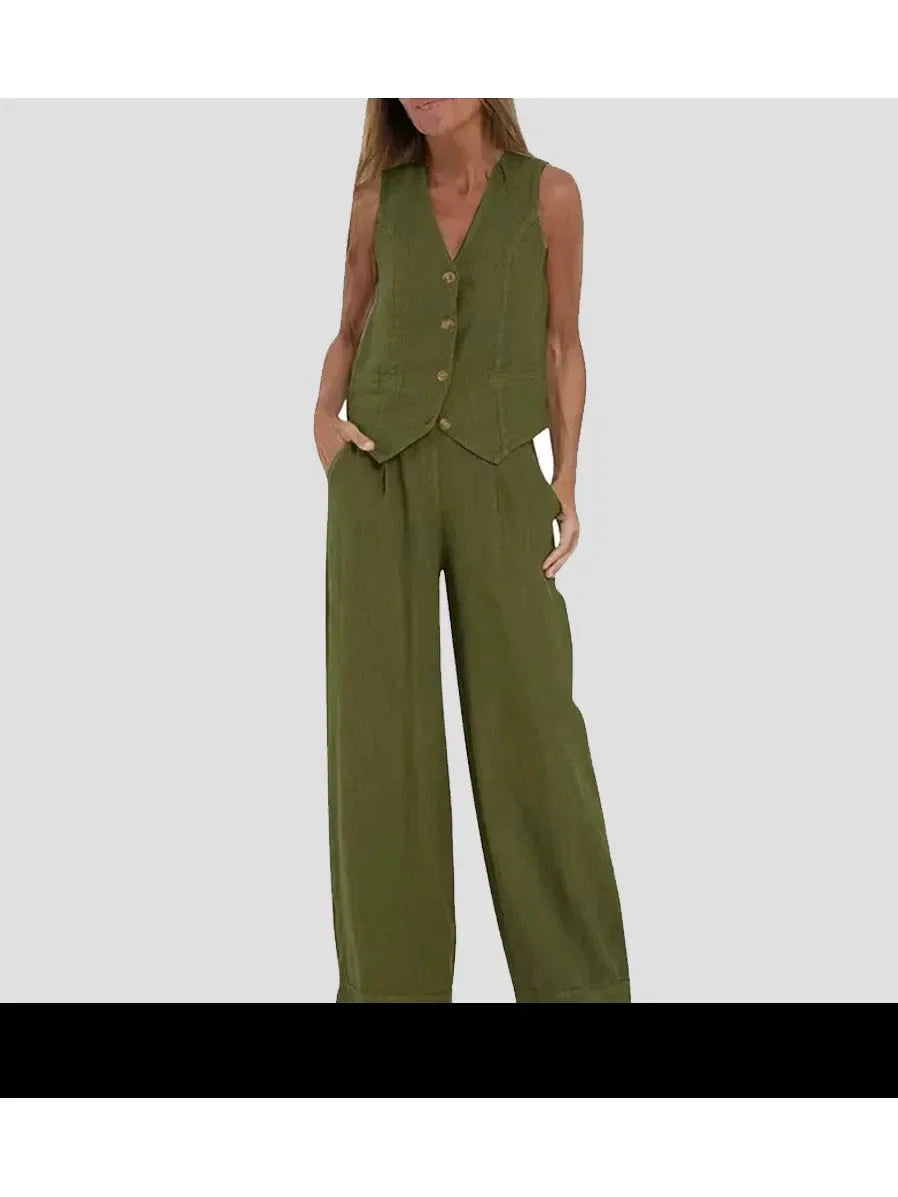 Red wide-leg pants and vest two-piece set tailored silhouette elegant everyday women's fashion