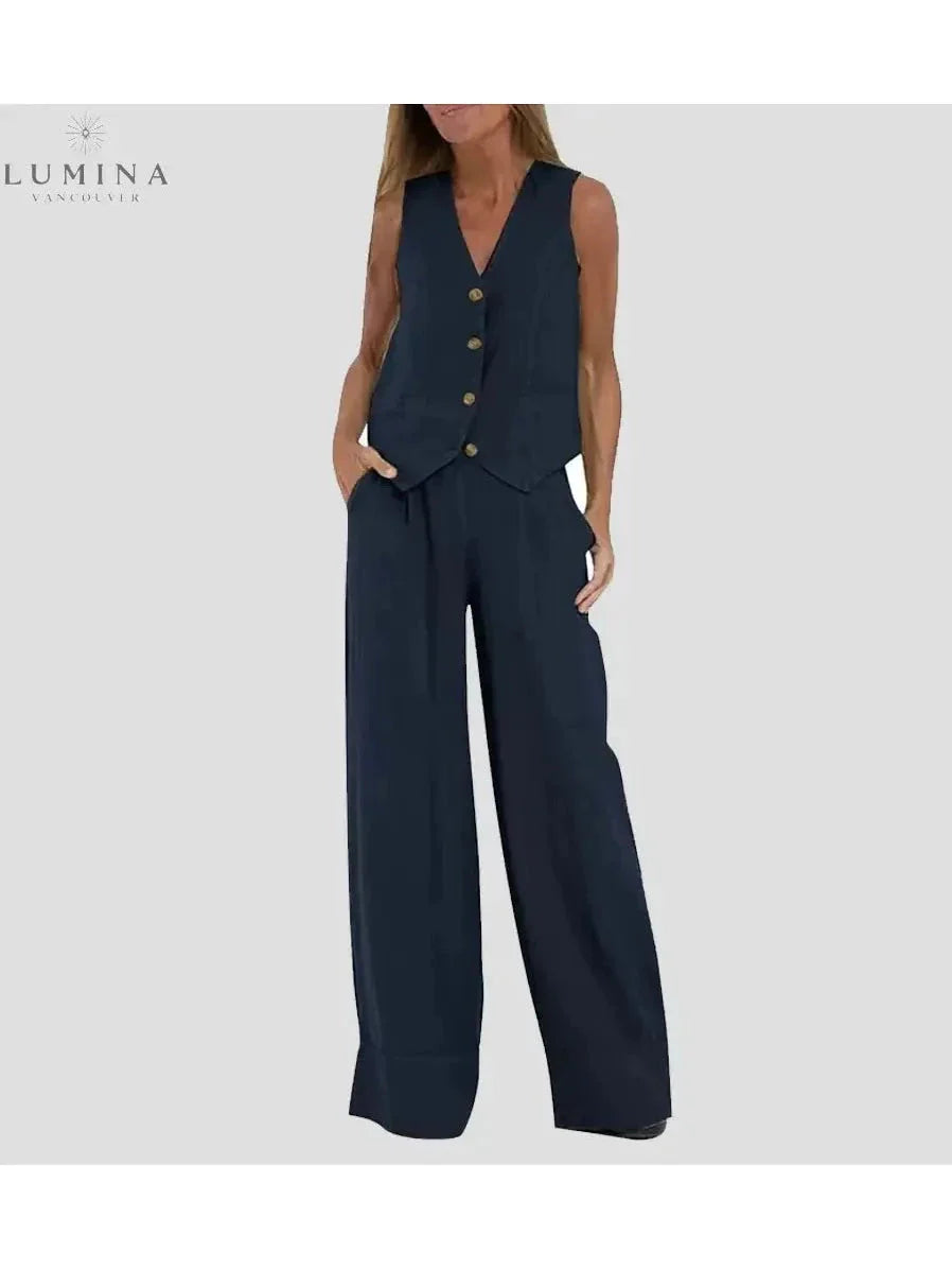 Red wide-leg pants and vest two-piece set tailored elegant women coordinated ensemble