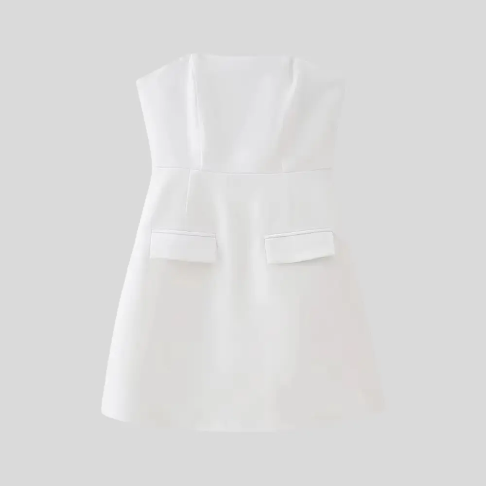 Ellis strapless mini dress straight neckline tailored fit back zipper elegant evening wear