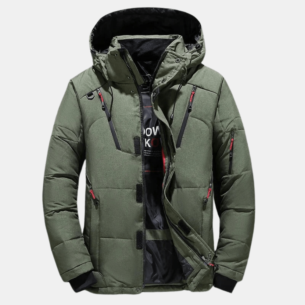 Men's insulated hooded jacket thick warm lining adjustable hood durable winter cold weather protection