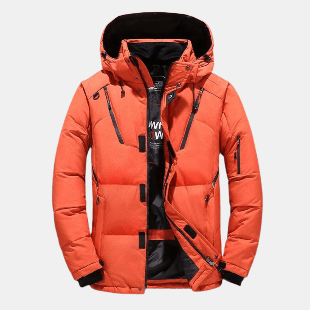 Men's insulated hooded jacket thick warm lining adjustable hood durable cold weather winter coat