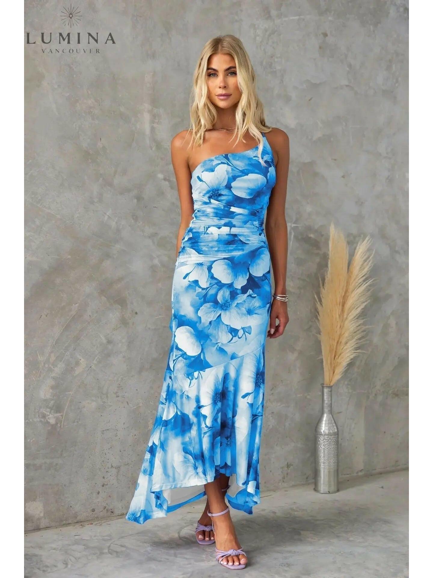 Women's pleated one-shoulder summer dress with asymmetric hem and captivating print lightweight fabric