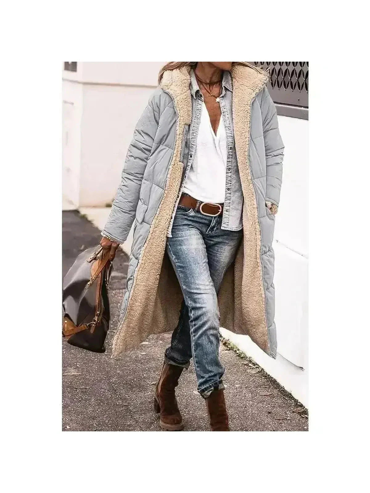 Women's reversible longline fur jacket, ultra-warm sherpa-lined coat with tailored silhouette