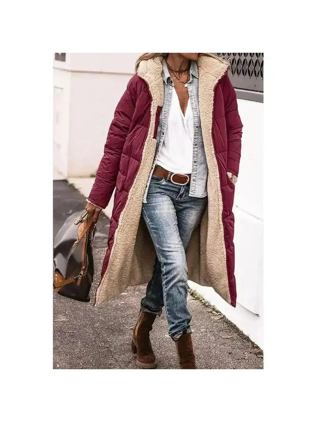 Women's reversible longline fur jacket sherpa-lined ultra-warm tailored coat plush cold-weather style