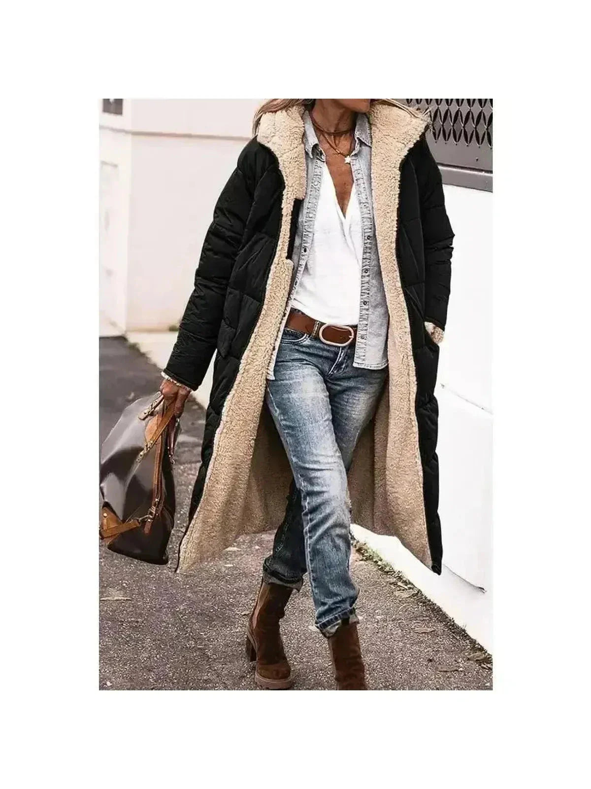 Women's reversible longline fur jacket in plush sherpa-lined coat with tailored silhouette ultra-warm