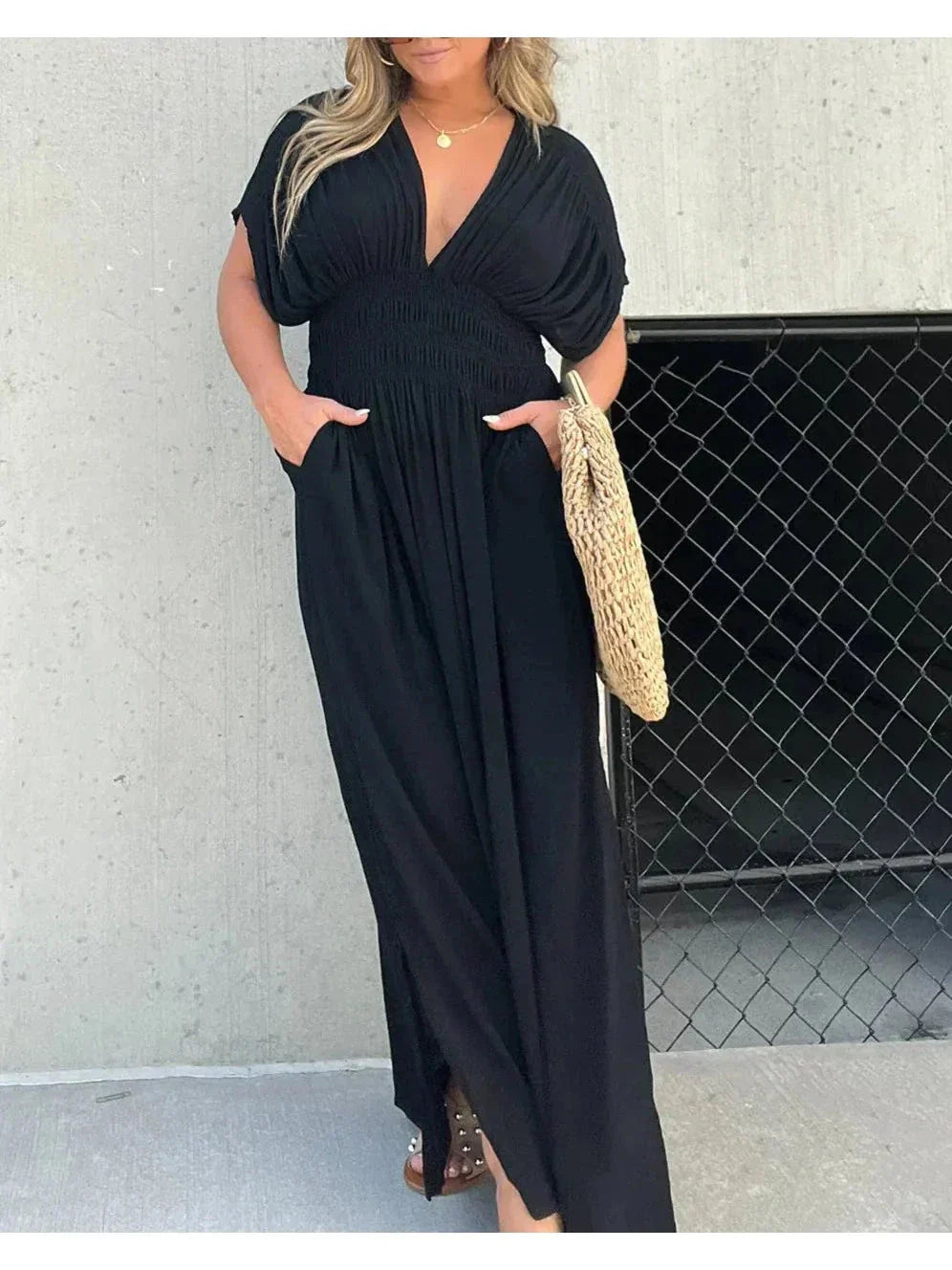 Elyse elegant ruched waist maxi dress women flowy polyester hourglass silhouette casual chic