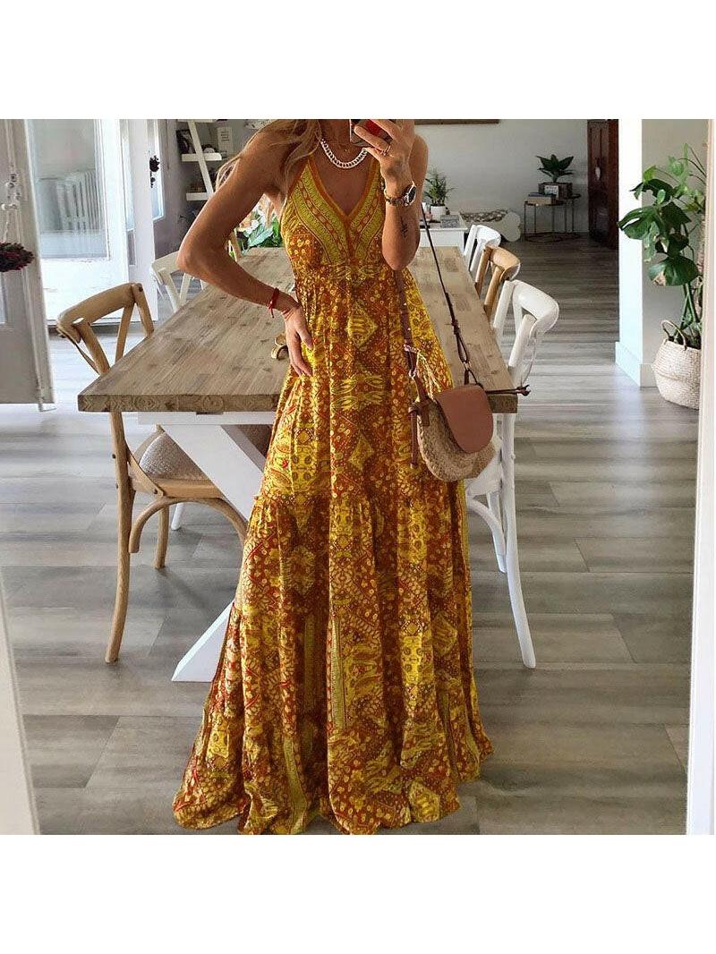 Boho sleeveless maxi dress with vibrant bohemian pattern, tiered flowing silhouette for women