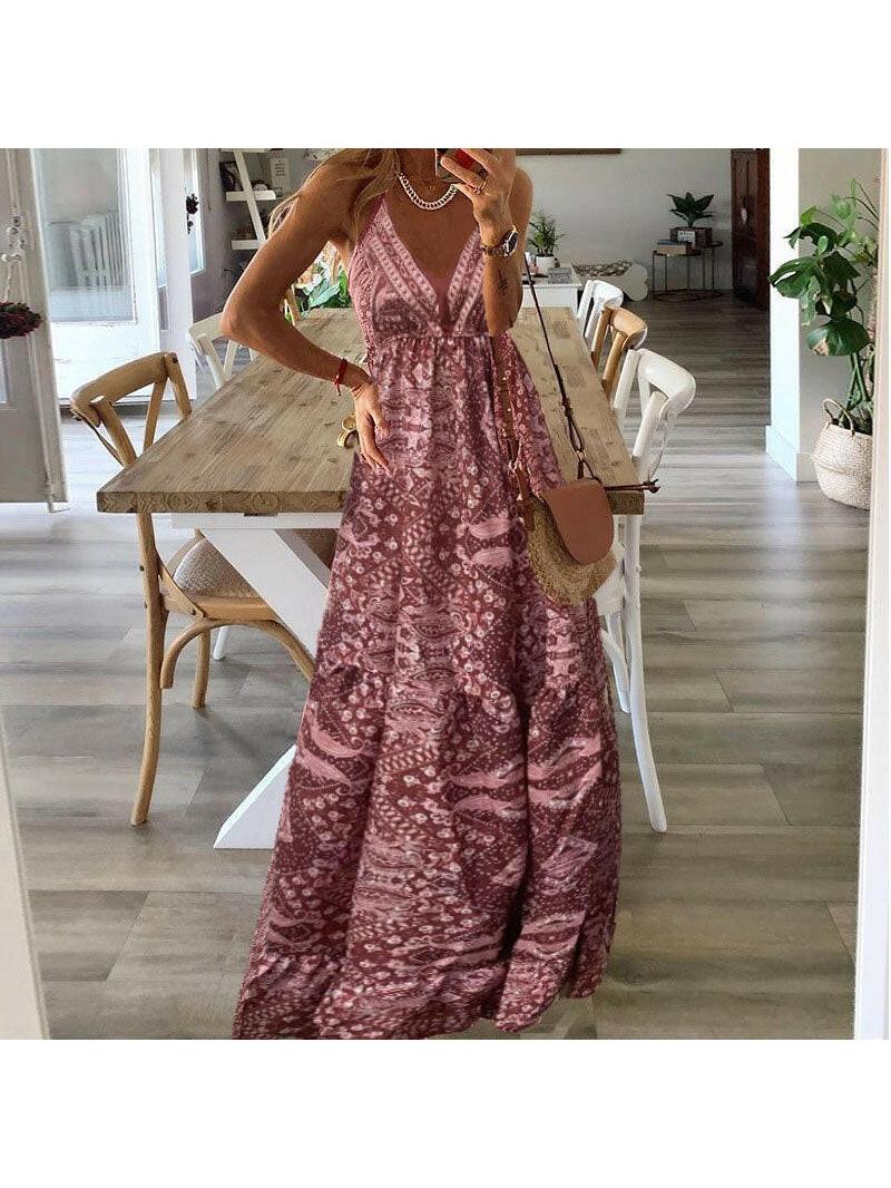 Boho sleeveless maxi dress with vibrant bohemian pattern, tiered flowing silhouette for women