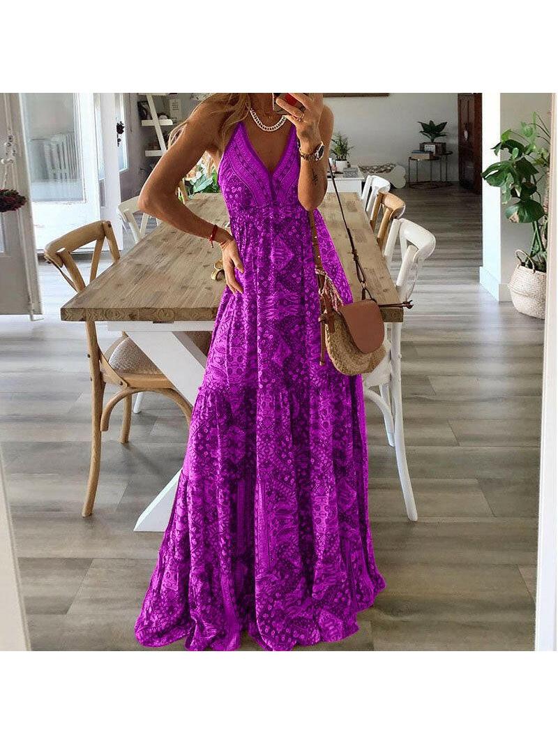 Boho sleeveless maxi dress with vibrant bohemian pattern, tiered flowing silhouette for women