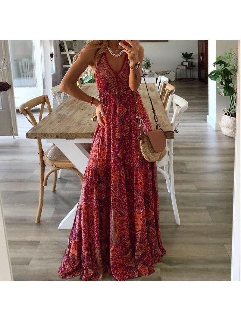 Boho sleeveless maxi dress with vibrant bohemian pattern, flowing tiered silhouette for women