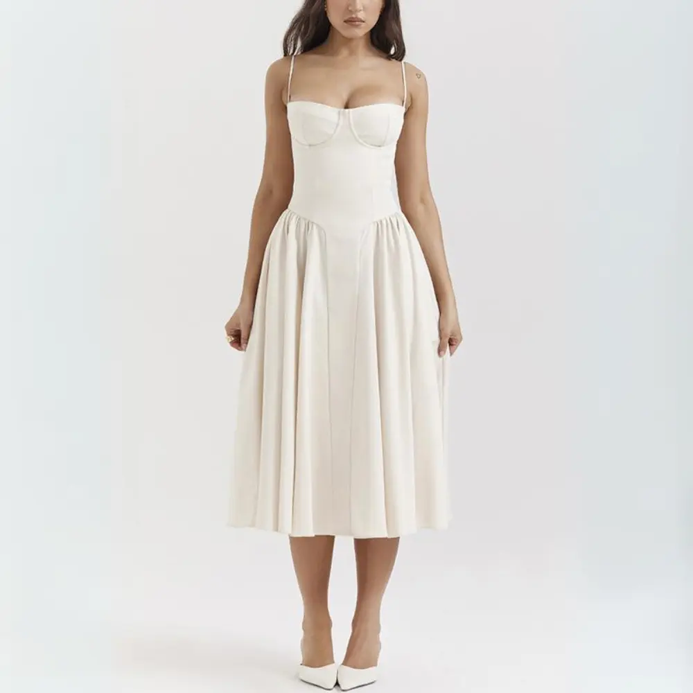 Vintage solid cami midi dress sleeveless A-line silhouette with backless detail and pleated hem