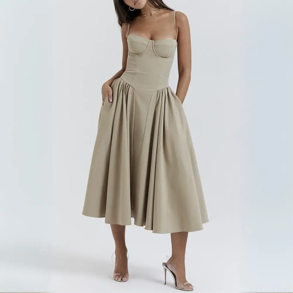 Vintage solid cami midi dress sleeveless A-line silhouette with backless detail and pleated hem