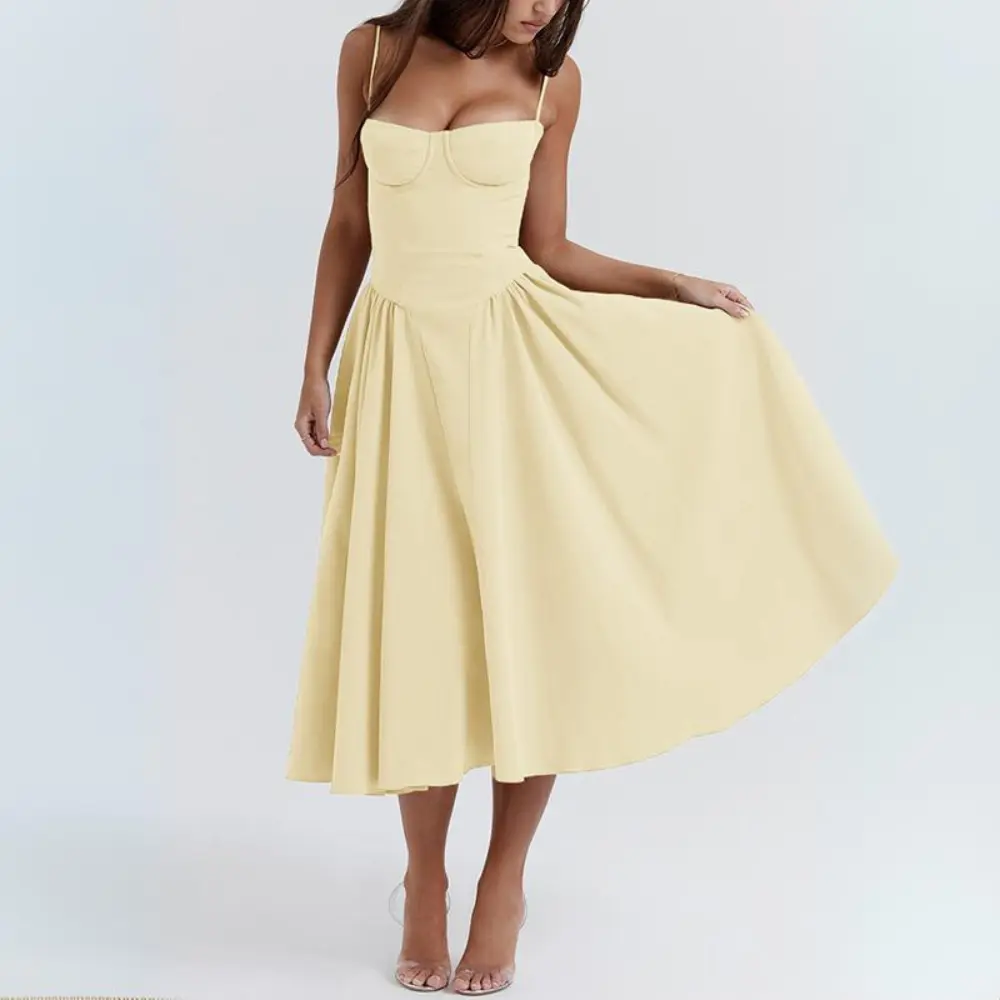 Vintage solid cami midi dress sleeveless A-line silhouette with backless detail and pleated hem