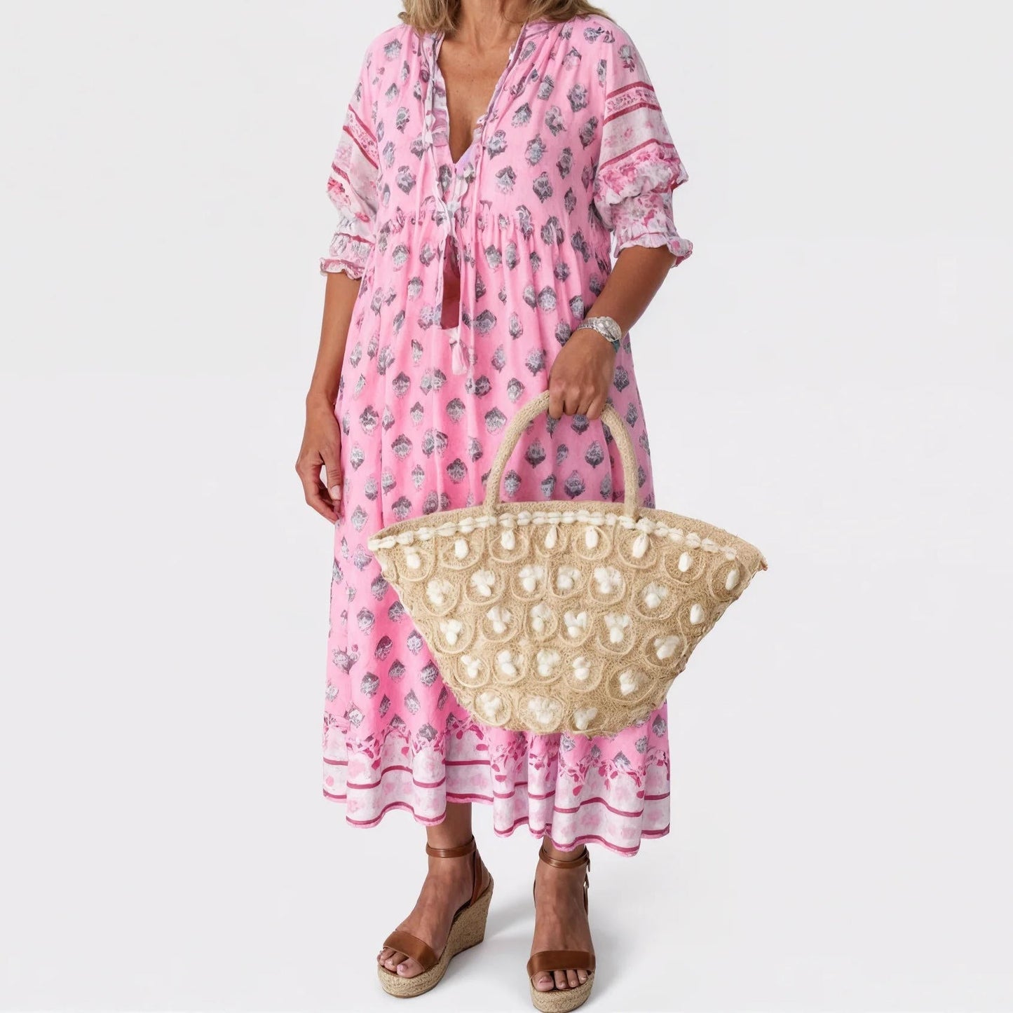 Women's floral midi dress V-neck flowing silhouette lightweight breathable warm weather summer style