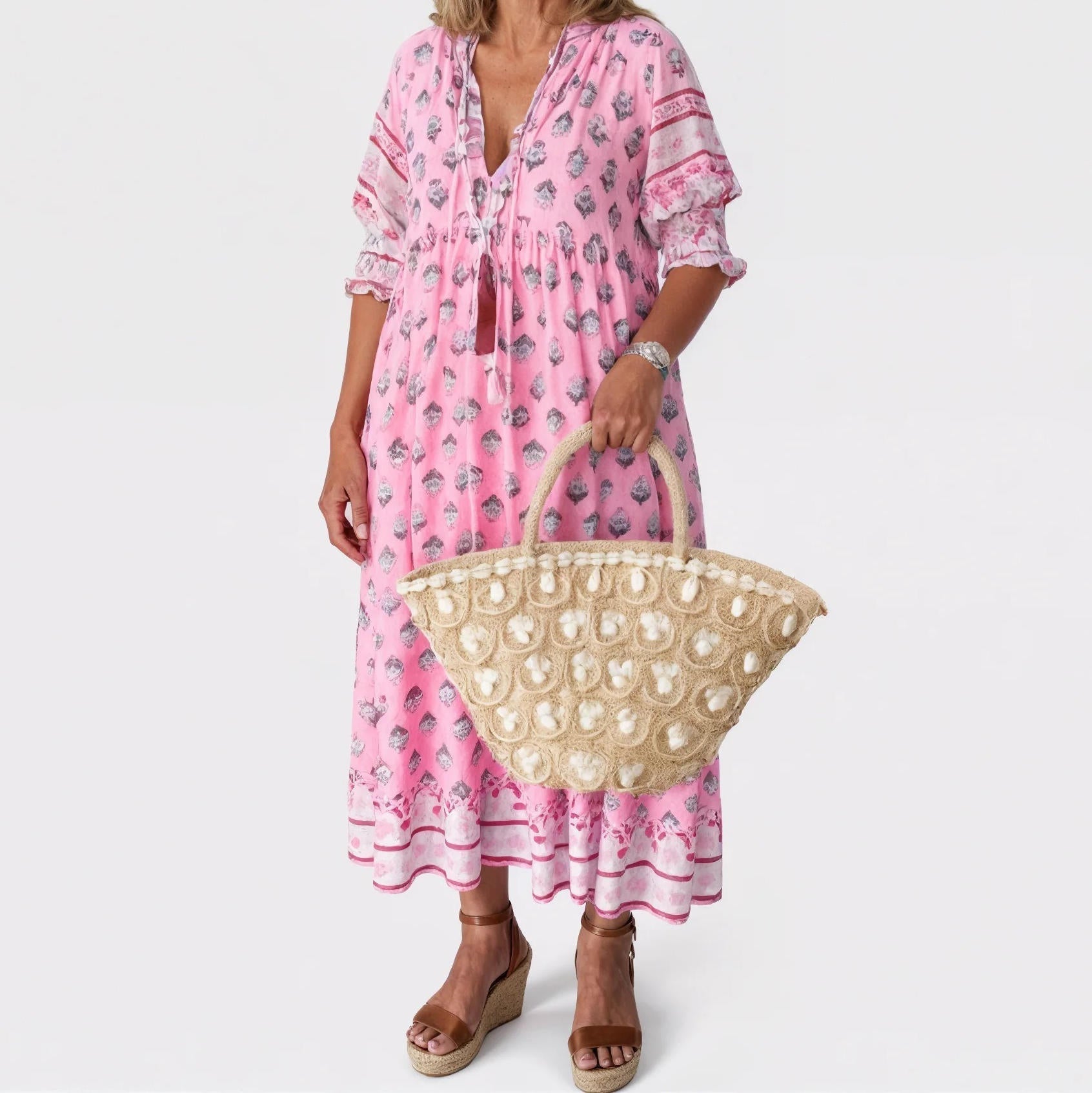 Women's floral midi dress V-neck flowing silhouette lightweight breathable warm weather summer style