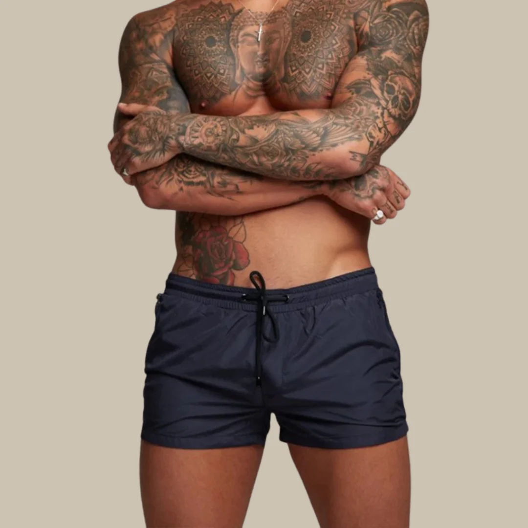 Enzo navy blue athletic swim shorts with drawstring waist and zip pockets quick-dry fabric