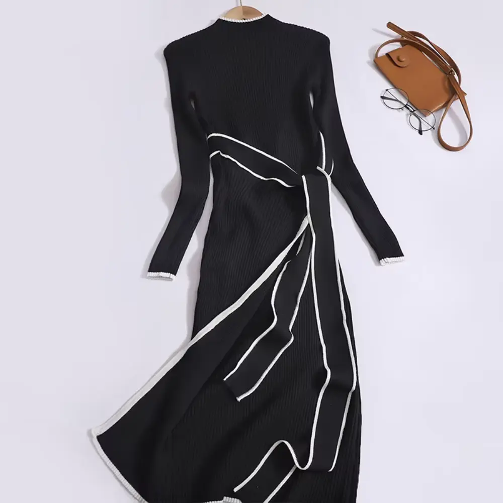 Women's cozy soft knit belted dress long sleeve fitted silhouette flattering waist office casual