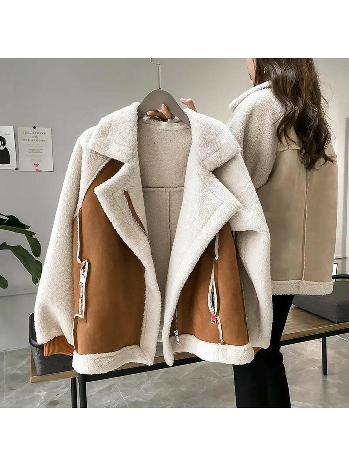 Women's beige faux shearling zip-up jacket with cozy plush texture and flattering contemporary fit