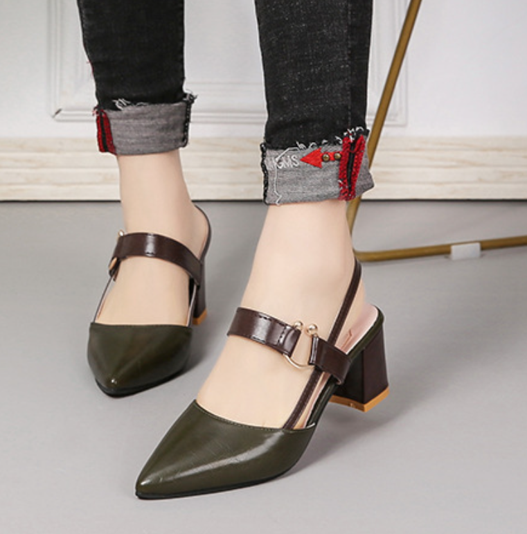 Women's colorblock slingback pumps with block heel, two-tone chic smart casual style