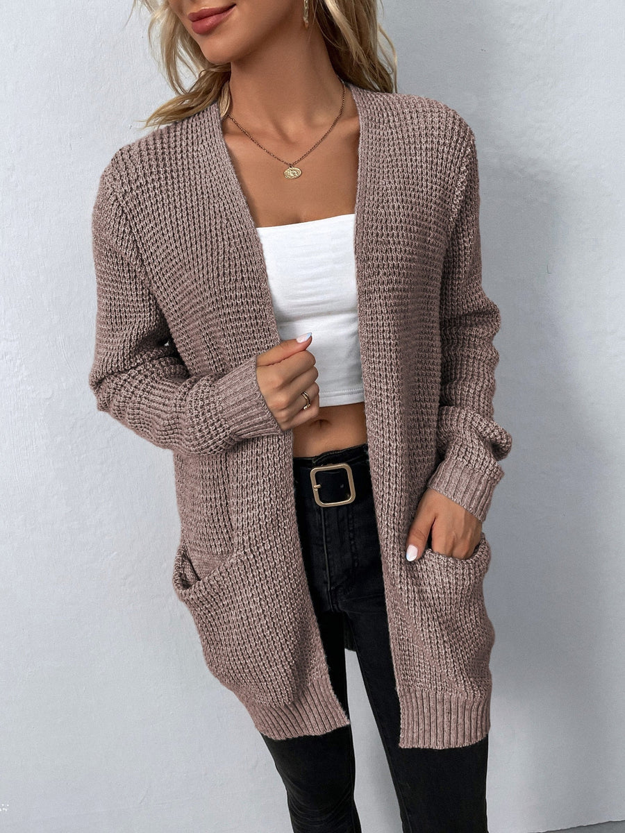 Women's long V-neck cardigan elegant layering essential in soft sustainable fabric