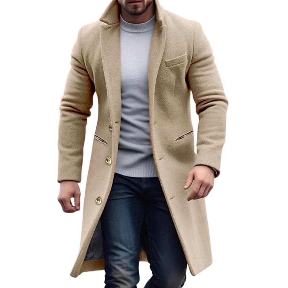 Men's tailored longline coat in classic cut, sharp structured silhouette for modern professional versatility