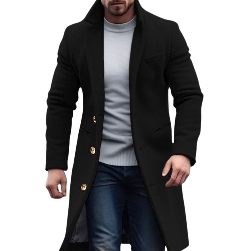 Men's black tailored longline coat with sharp structured silhouette for modern professional styling