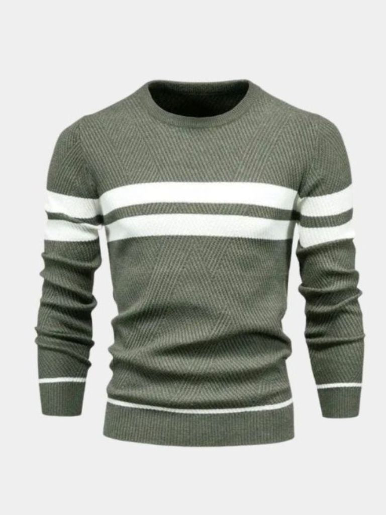 Men's textured stripe crewneck sweater tailored fit with subtle chest and sleeve stripe accents